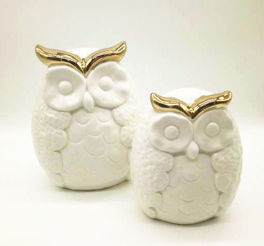 Ceramic white owl ornament with gold electroplate eyes