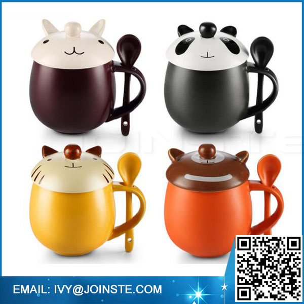 customized ceramic mug 400ml coffee mug with animal lids and spoon, cat , rabbit , bear and panda mug