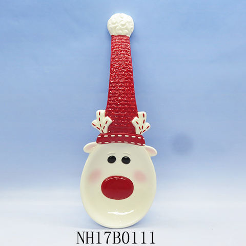 Holiday Reindeer White Red 4 x 9 Inch Glazed Ceramic Christmas Spoon Rest