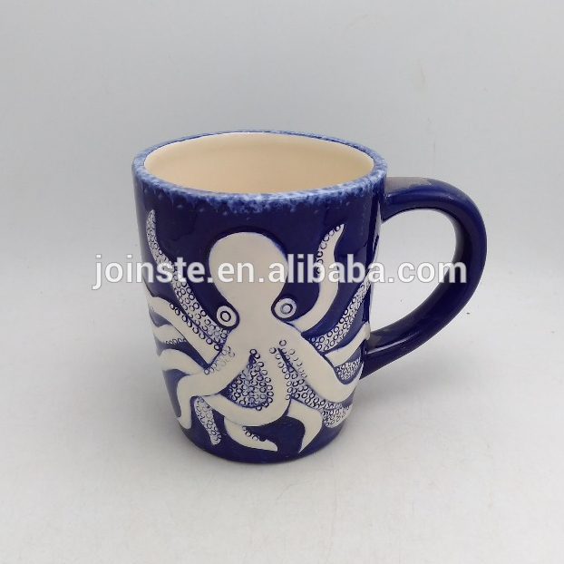 Blue hand octopus painted ceramic coffee mug withhandle