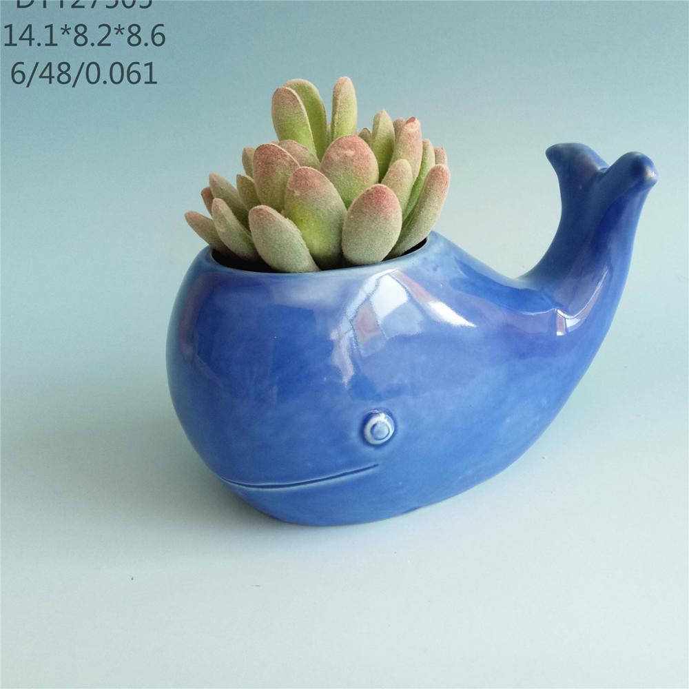 Custom cute  blue  cartoon whale shape   ceramic  flower pots  3D  flower pot  home decoration flower pot