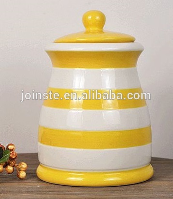 Customized white and yellow stripe round ceramic cookie and candy jar