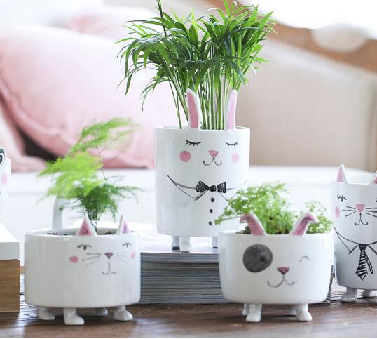 Ceramic creative cat shaped white dolomite flower pot living room bedroom floral decoration