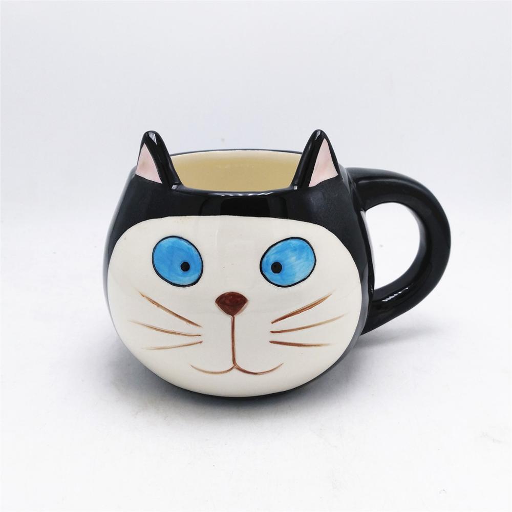 Black  cute cat face mug  wholesale  hand painted   ceramic  cat mug , cat coffee mugs