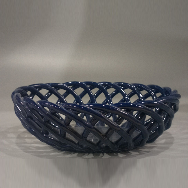 Blue and White Open Weave Hand Made Ceramic Basket Bowl