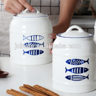 Customized white fish painting ceramic candy cookie jar seal