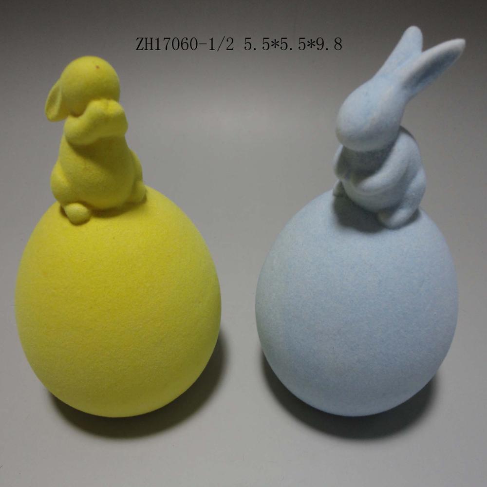 Flocked 2 Piece Rabbit Couple with Egg, Ceramic, Pink, 10 x 5.5 x 3.5 cm