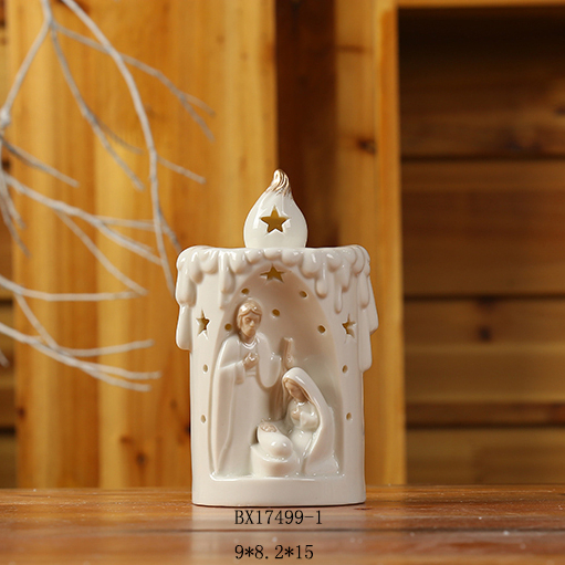 White Ceramic Tealight Holder Holy Family Nativity Figurine – 4 Inch