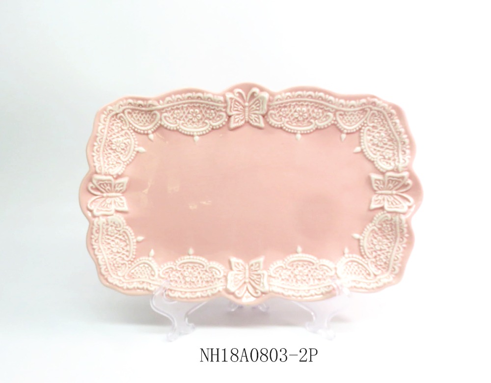 Pink Rectangle Embossed Lace ceramic dishes Plate