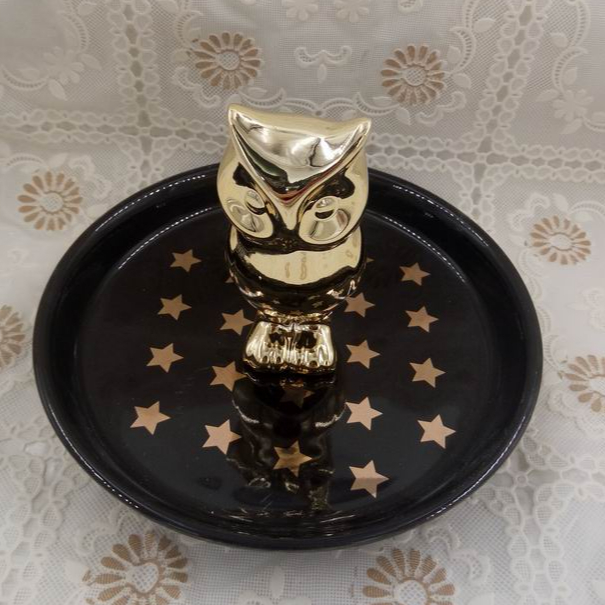 Gold Owl Ceramic Ring Dish, Trinket Dish, Custom accept