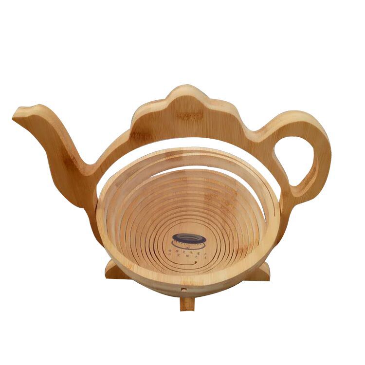 Natural Wooden Bamboo Folding Collapsible Fruit Veggie Basket, Teapot shape