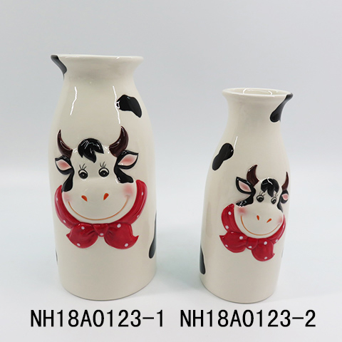 White Ceramic 3.5 x 10 inch Classic Milk Bottle with 3D hand painting cow