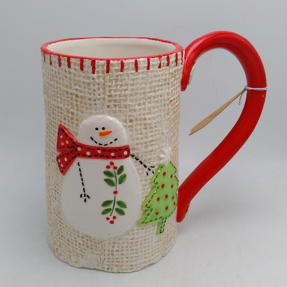 Novelty red handle burlap texture ceramic mugs Christmas snowman mug with decoration button