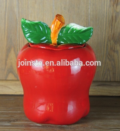 Customized red apple shape cookie jar ceramic candy jar home decoration