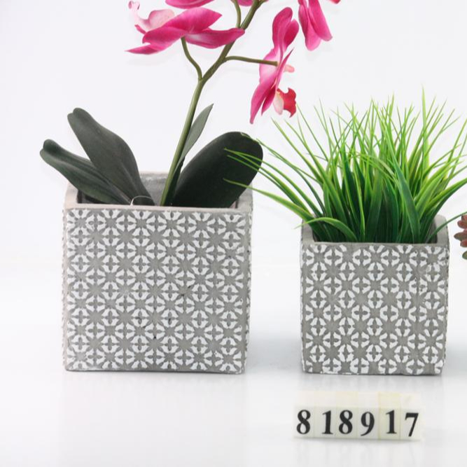 Cement Square Pot with Engraved Lattice Diamond/Tapered Bottom Washed Concrete Finished (Set of 2)