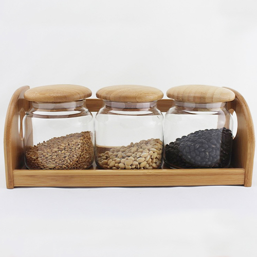 Wooden Wood Bamboo Spice Preserving Glass Jar Set 12 x 31 x 12 cm Spice Holder of 3 Glass Containers