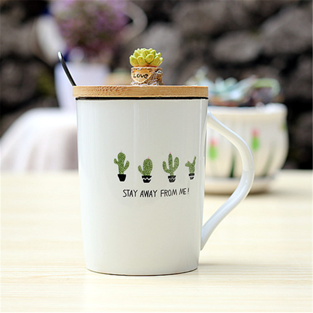 Ceramic cactus printed coffee mug  with novelty  wooden lid