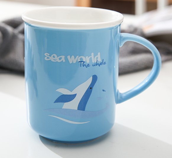 Customized standard blue sea word painting  ceramic milk mug with handle