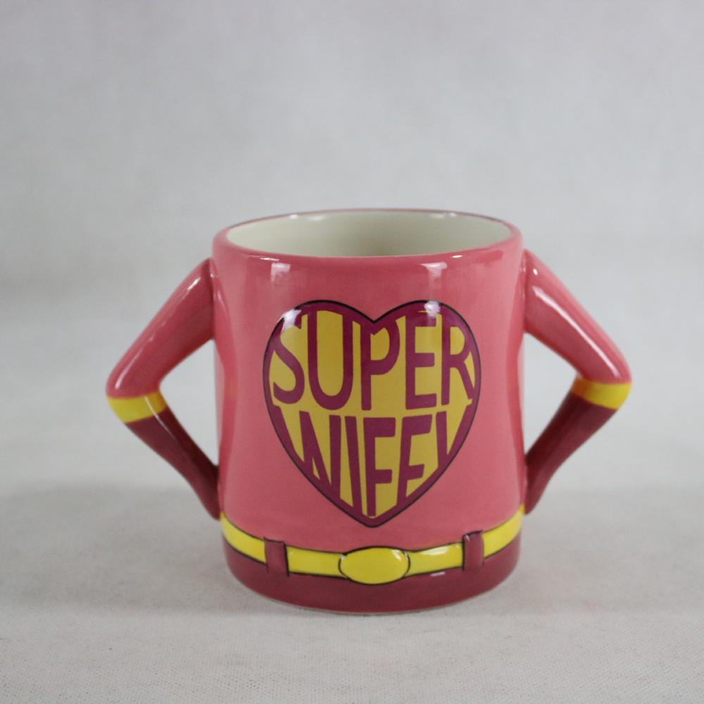 Customized red color ceramic mug with super letter painting and handle