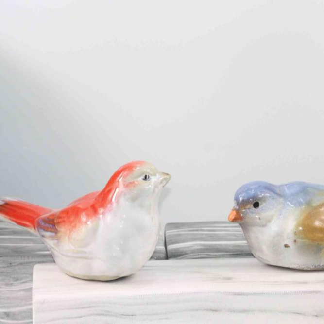 Set of 2 Ceramic Flower Embellished Multi-colored Bird Figurines