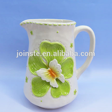 Customized large size white 3d green flower relief ceramic mug