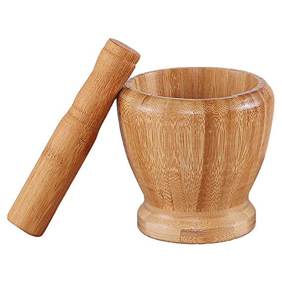 Small Mortar and Pestle Set, Bamboo Pestle and Mortar Bowl for Garlic Pepper (Medium)