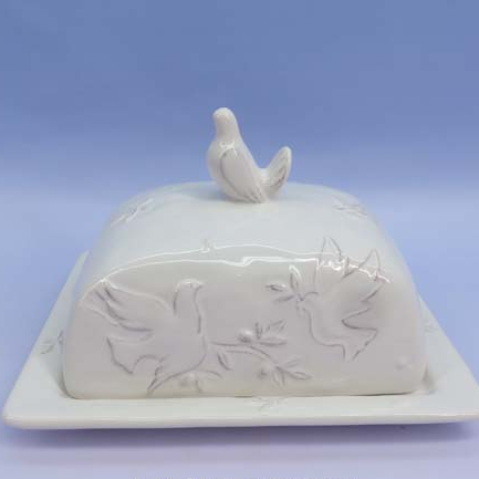 Customized white color 3d pigeon painting butter and bread ceramic plate with lid