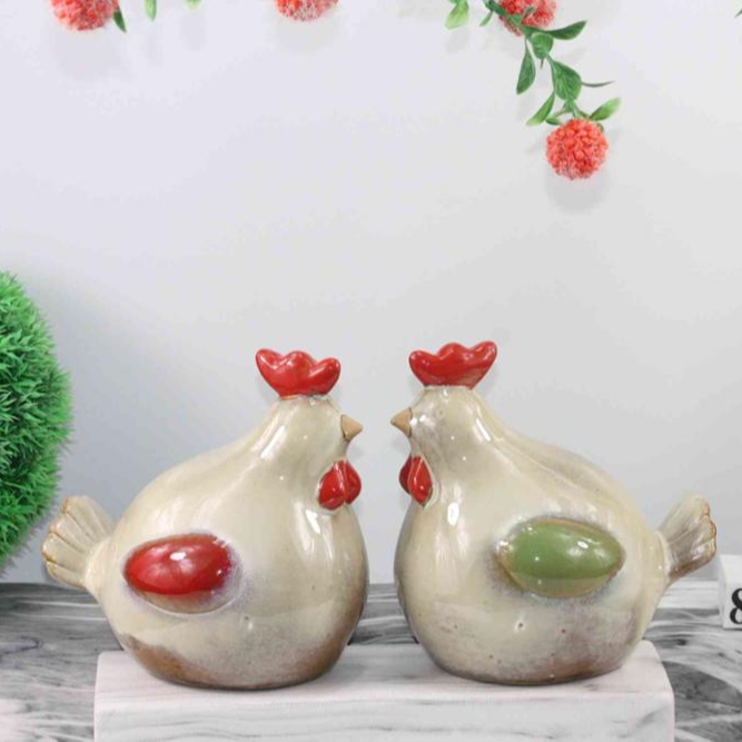 Set of 2 Country Ceramic Rooster and Hen Couple Figurines