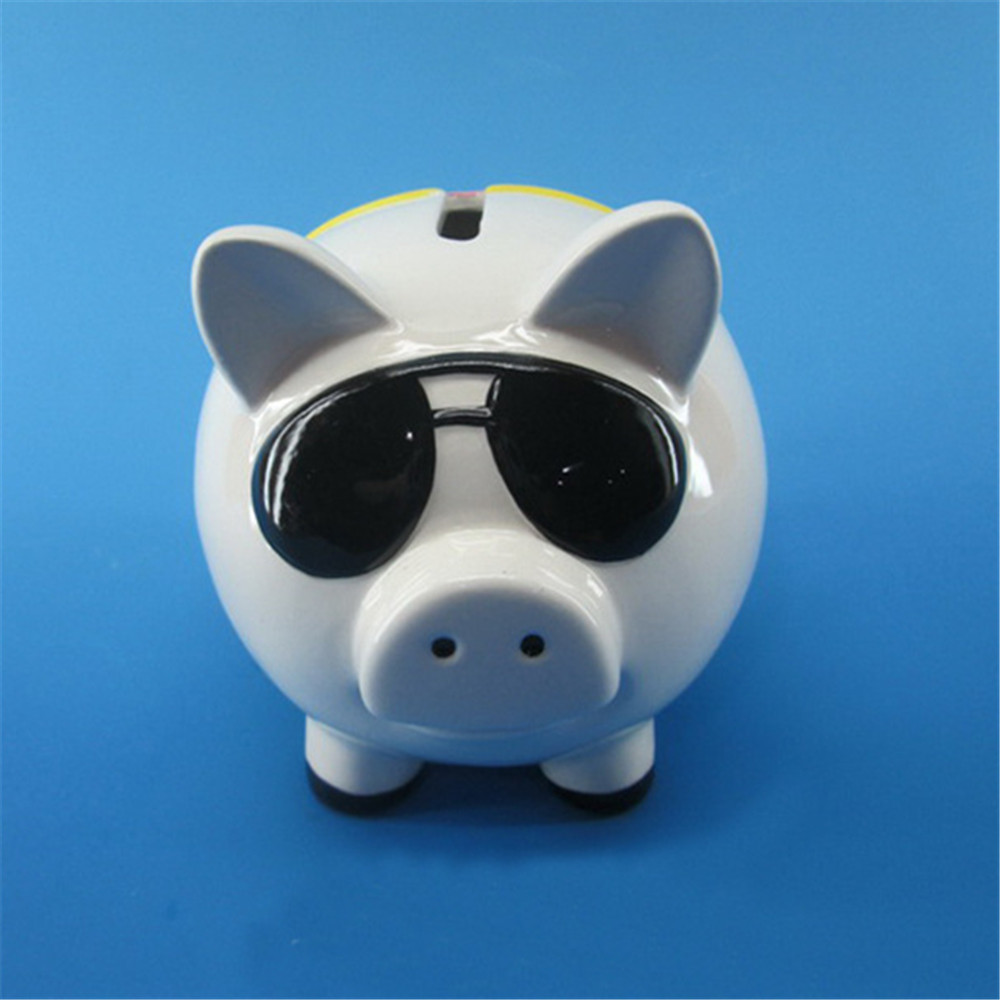 White ceramic pig shape  piggy bank coin bank with  sunglasses