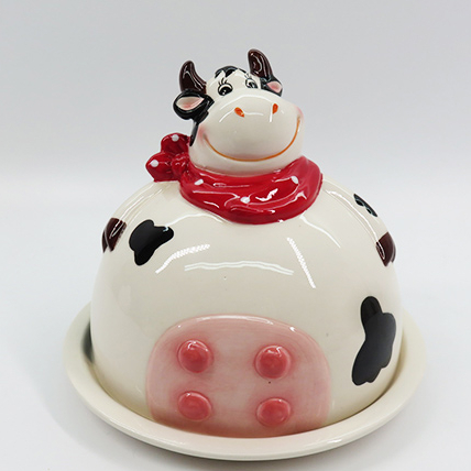 Customized creative ceramic cow painting butter and bread plate bread box