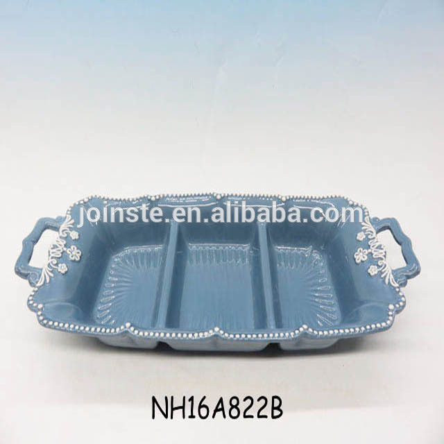 Custom blue color triple divided plate ceramic modern style tableware