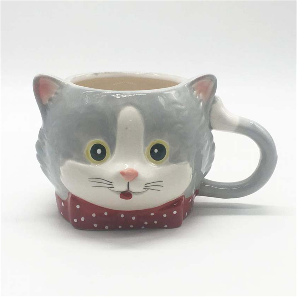 Grey ceramic   hand painted cat head shape  coffee mug   14 oz   ceramic coffee mugs cup