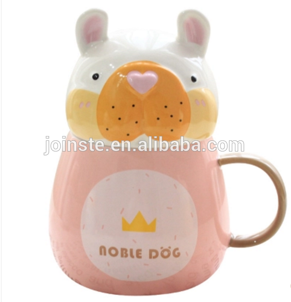 Customized cute dog shaped ceramic coffee mug with lid