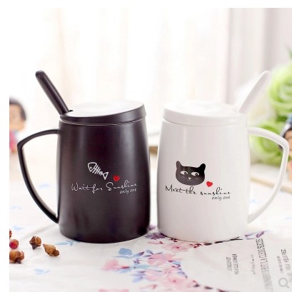 ceramic cat and fish decal couple coffee mug