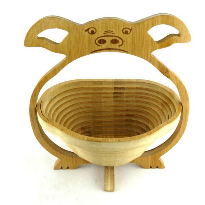 Natural Wooden Bamboo Folding Collapsible Fruit Veggie Basket, Pig shape