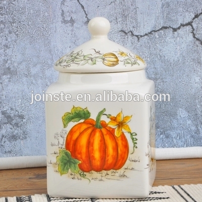 Customized white retro pumpkin painting ceramic cookie and candy jar biscuit jar