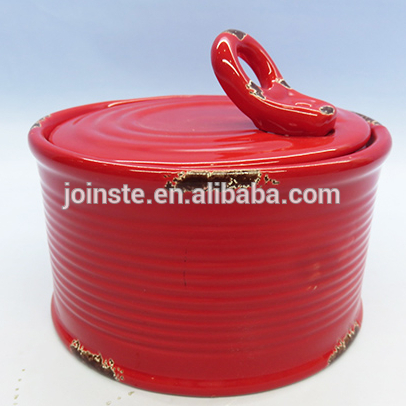 Customized red round ring pull canceramic cookie  candy jar home storage