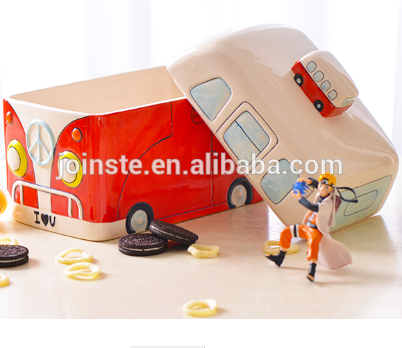 Customized cute bus shape ceramic cookie jar, candy jar storage