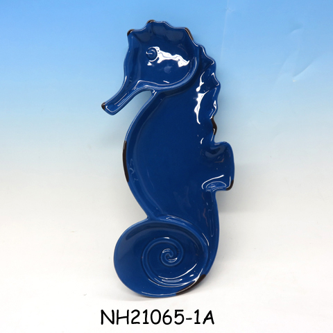 13" Ceramic Seahorse Shape Serving Plate Platter Coastal Beach Decor