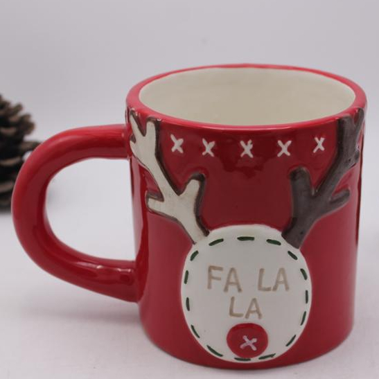 Customized red color 3d Christmas deer painting ceramic coffee mug milk cup