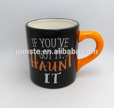 Orange handle milk ceramic mug with letters painting