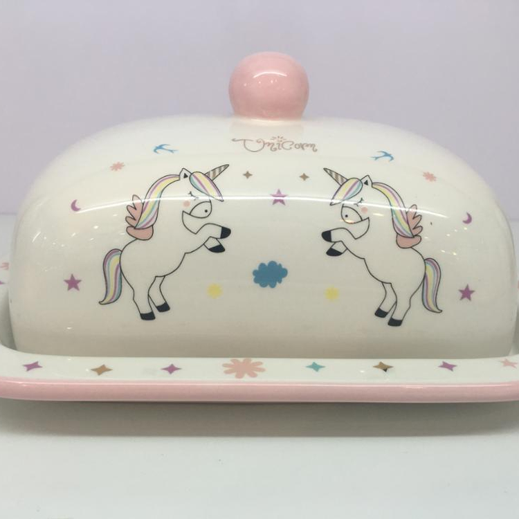 Customized white color uincorn handmade painting ceramic bread box with lid