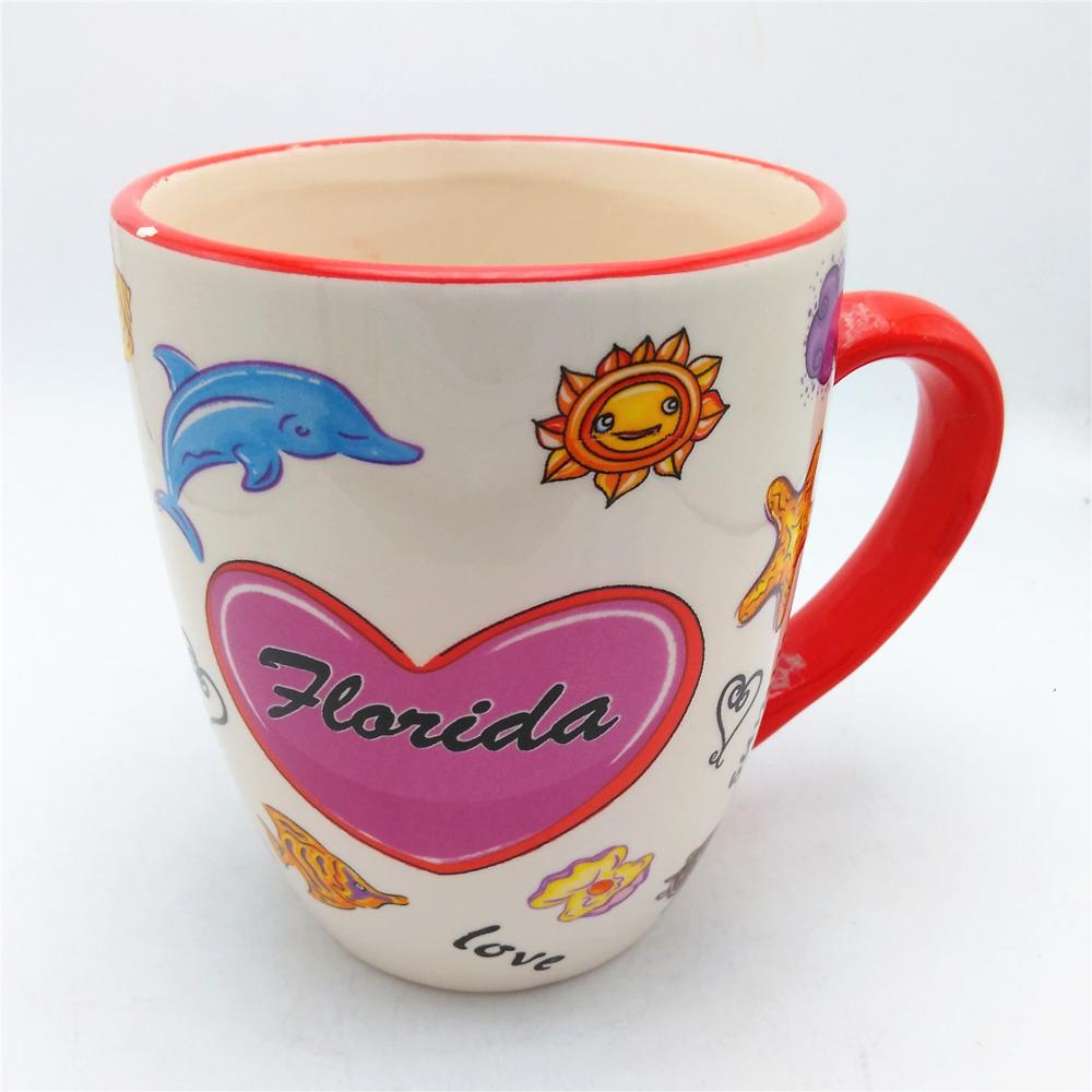 Simple design  ceramic handmade coffee mug milk  cup  cartoon printing   mug with red handle