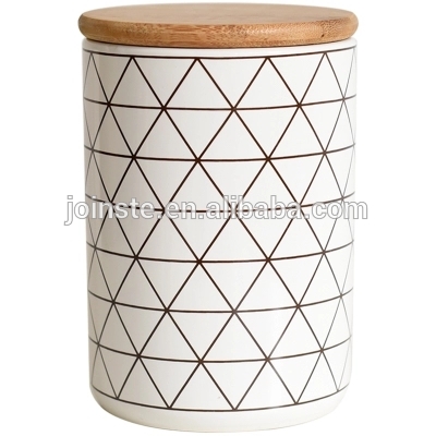 Customized white lines painting ceramic cookie jar candy jar with wooden lid