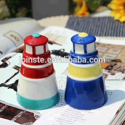 Customized colorful painting lighthouse ceramic salt and pepper shaker home decoration