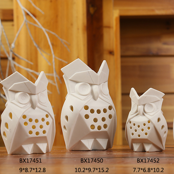 White Geometric Ceramic Owl Tealight Holder- 7" High.