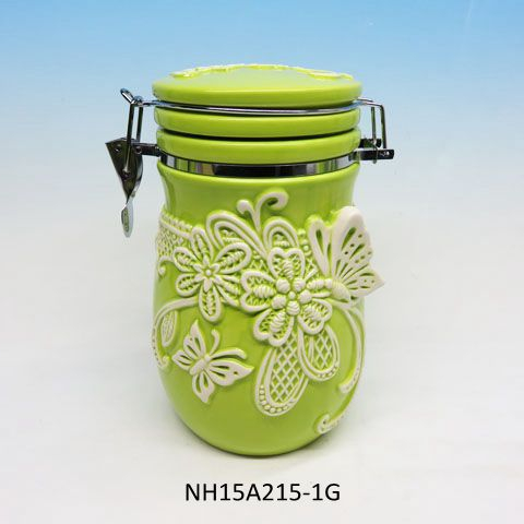 Green ceramic airtight storage jars  tea coffee sugar jar  hand painted embossed butterfly jars for food storage