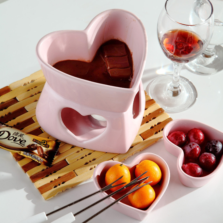 Heart shape ceramic chocolate fondue set,Mini chocolate fondue set,candle ceramic fondue set