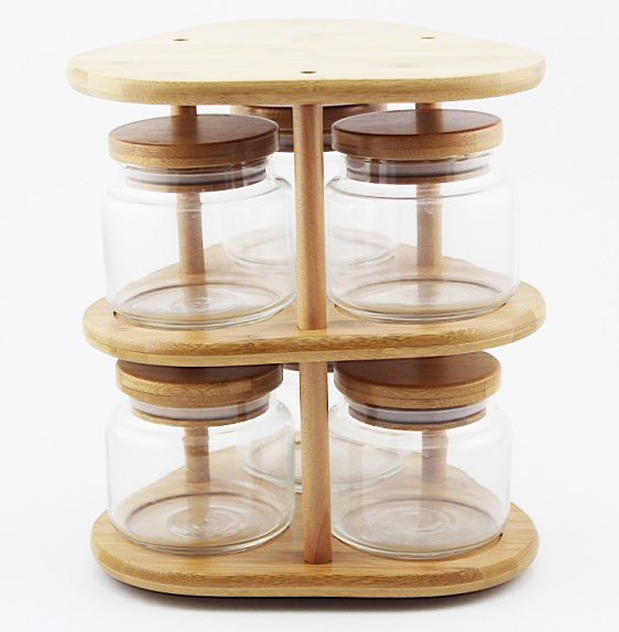 Bamboo Wooden Spice Herb Cookie Rack | With 6 Glass Spice Jars | Decorative, Spacious Spice Kitchen Organizer