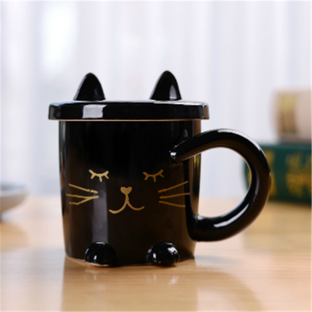 Novelty ceramic   black cat mug  wholesale golden face   coffee tea mug with cat ear lid